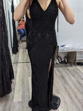 Primavera Black Beaded V-Neck Maxi Gown with Thigh Slit